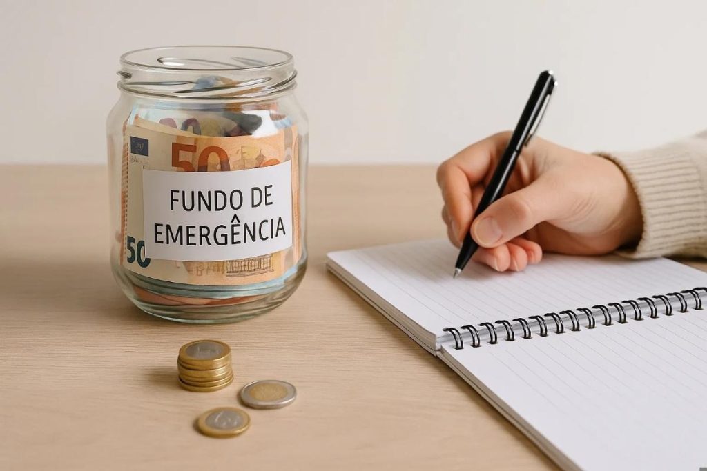 Fotografia de um pote de vidro cheio de notas e moedas identificado com o rótulo ‘Fundo de Emergência’. Ao lado, uma mão escreve em um caderno de anotações com espiral, sugerindo planejamento financeiro. Na mesa, pequenas pilhas de moedas reforçam o conceito de guardar e acompanhar uma reserva para situações inesperadas.