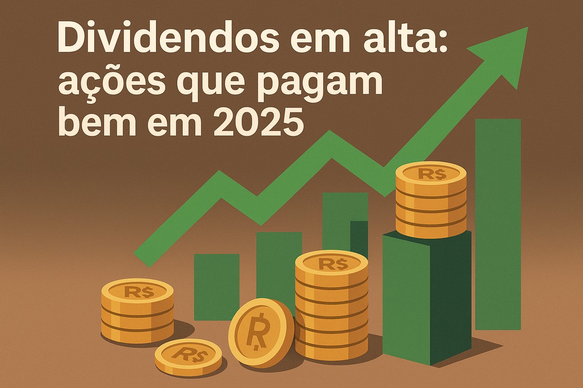 Ilustração em tons de marrom e verde mostrando moedas empilhadas, barras de crescimento e uma grande seta verde apontando para cima, simbolizando valorização e aumento de dividendos. O texto “Dividendos em alta: ações que pagam bem em 2025” aparece no topo em letras grandes e claras. Não há pessoas na imagem.