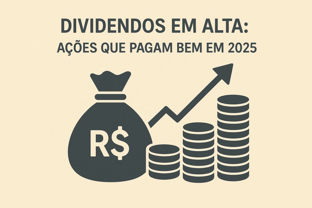 Imagem minimalista em fundo bege com ícones em cinza-escuro mostrando um saco de dinheiro marcado com “R$”, diversas pilhas de moedas e uma seta inclinada para cima, representando crescimento de dividendos. O texto superior diz “DIVIDENDOS EM ALTA: AÇÕES QUE PAGAM BEM EM 2025”. Não há pessoas na imagem.
