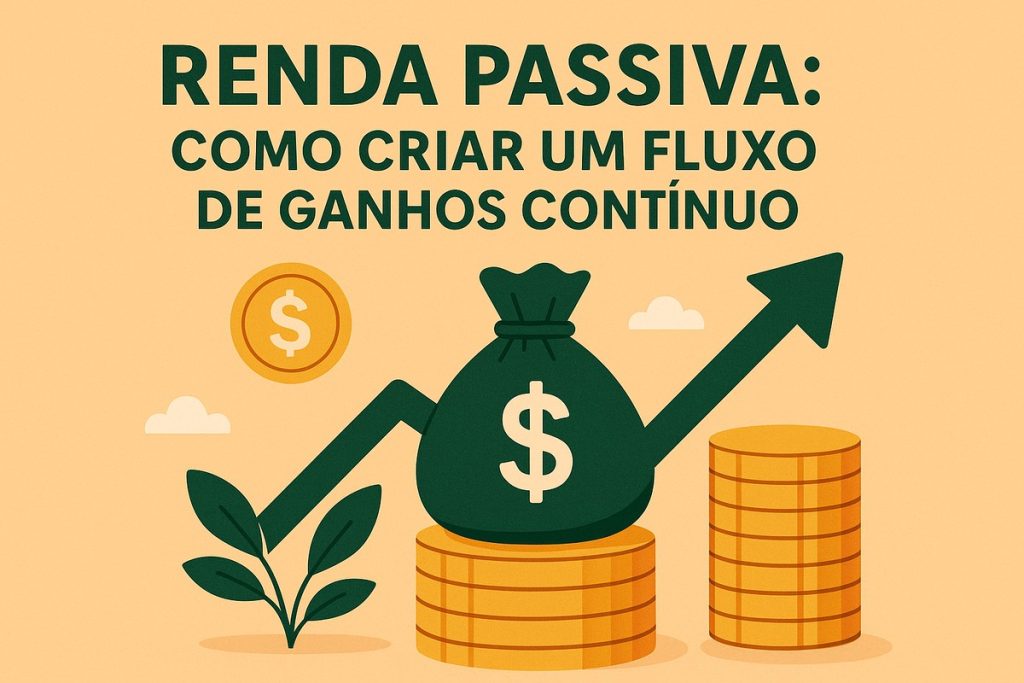 Ilustração com fundo bege mostrando um grande saco verde de dinheiro com símbolo de cifrão branco, apoiado sobre uma pilha de moedas douradas. Uma seta verde crescente se eleva a partir do saco, simbolizando fluxo contínuo de ganhos. À esquerda, uma pequena planta com folhas verdes brota ao lado de uma moeda dourada com símbolo de dólar. No topo, o texto ‘Renda Passiva: Como criar um fluxo de ganhos contínuo’ aparece em letras grandes e escuras. Imagem totalmente ilustrada, sem pessoas reais.
