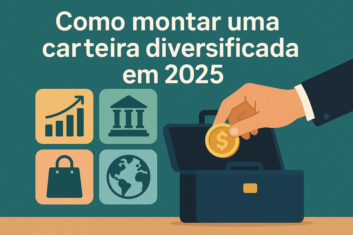 Ilustração com fundo verde-escuro, mostrando quatro ícones quadrados: um gráfico de barras crescente, um prédio que representa setor financeiro, uma sacola de compras simbolizando consumo e um globo terrestre representando investimentos internacionais. À direita, um braço com camisa social e blazer segura uma moeda dourada com símbolo de dólar e a insere dentro de uma maleta aberta. No topo, o texto ‘Como montar uma carteira diversificada em 2025’ aparece em letras brancas. A imagem é totalmente ilustrada e não contém pessoas reais.