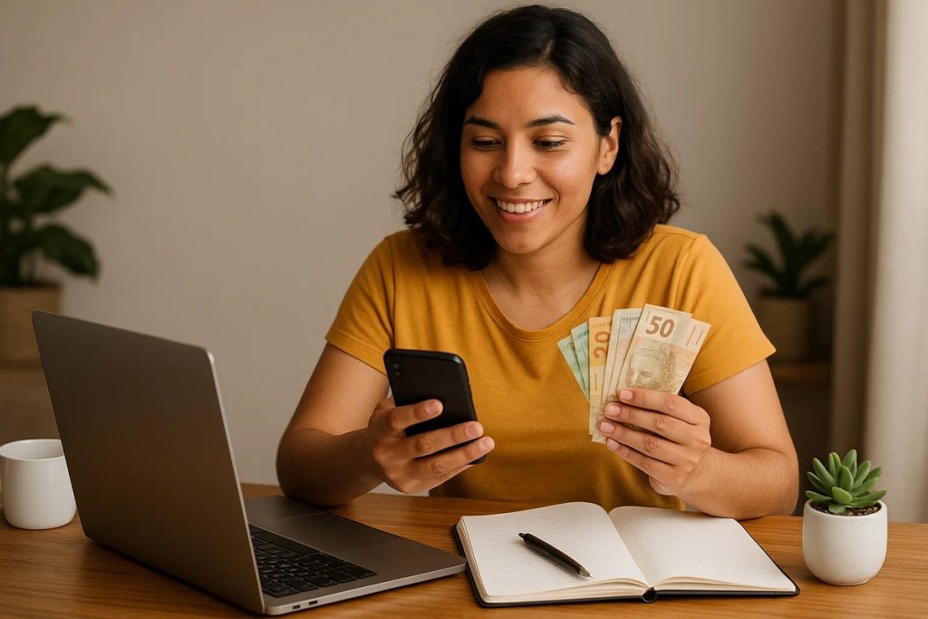 Mulher sorrindo enquanto segura notas de dinheiro e consulta algo no celular. Ela está sentada à mesa com um laptop aberto, um caderno em branco com uma caneta posicionada no centro e uma pequena planta decorativa. A cena simboliza o gerenciamento financeiro de freelancers e autônomos, mostrando controle de ganhos, planejamento e uso de tecnologia para organizar finanças.