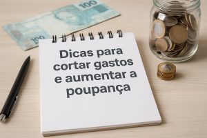 Imagem de um bloco de notas branco com a frase ‘Dicas para cortar gastos e aumentar a poupança’ escrita em letras grandes e escuras. À direita do bloco há um pote de vidro cheio de moedas, com algumas empilhadas ao lado. No topo da imagem, uma nota de 100 reais parcialmente visível. À esquerda, uma caneta preta repousa sobre a mesa clara. A composição enfatiza práticas de economia e organização financeira, com foco em aumentar a poupança por meio da redução de despesas.