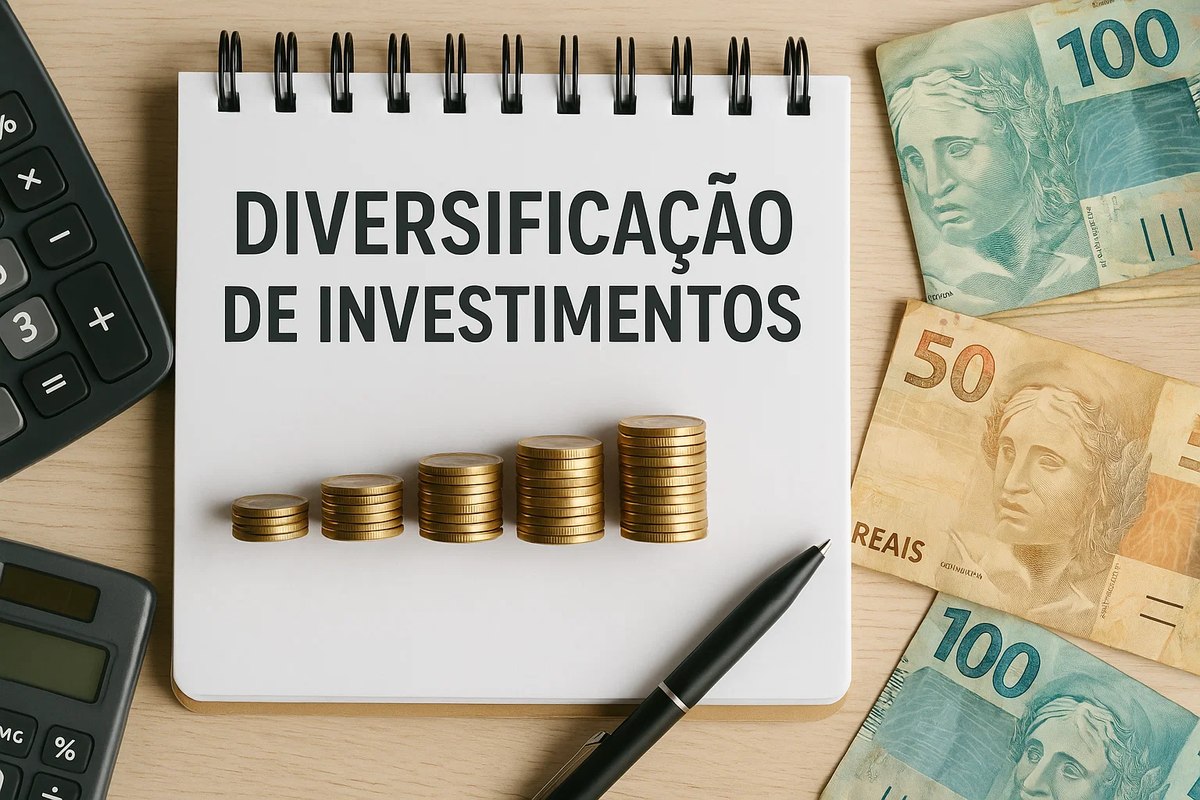 Imagem vista de cima mostrando um caderno de folhas brancas em espiral com várias pilhas de moedas douradas organizadas em ordem crescente sobre a página. À esquerda há duas calculadoras escuras parcialmente visíveis. À direita e acima do caderno há cédulas de 100 reais, e abaixo do lado direito uma cédula de 50 reais. Uma caneta preta aparece apoiada no canto inferior direito do caderno. A composição remete ao tema de finanças e investimentos.