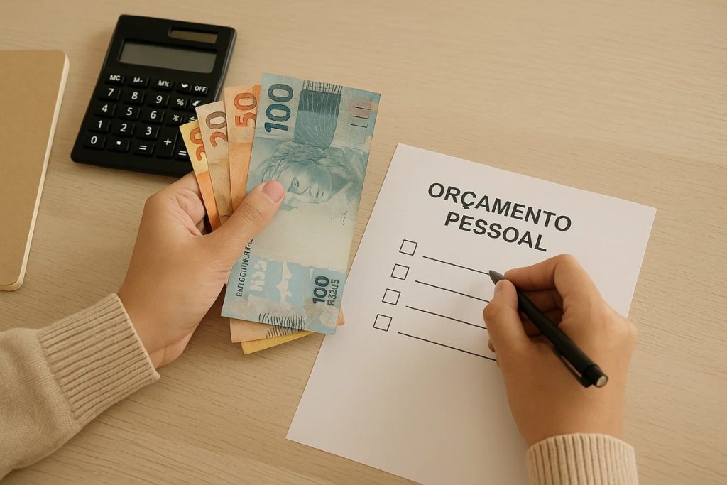 Imagem mostrando uma pessoa segurando notas de 20, 50 e 100 reais na mão esquerda enquanto usa a mão direita para preencher uma lista intitulada ‘Orçamento Pessoal’ em uma folha de papel. Sobre a mesa também há uma calculadora preta e um caderno fechado. A cena representa o processo de organização financeira, destacando a importância de registrar gastos, planejar despesas e controlar o orçamento pessoal para manter a saúde financeira.