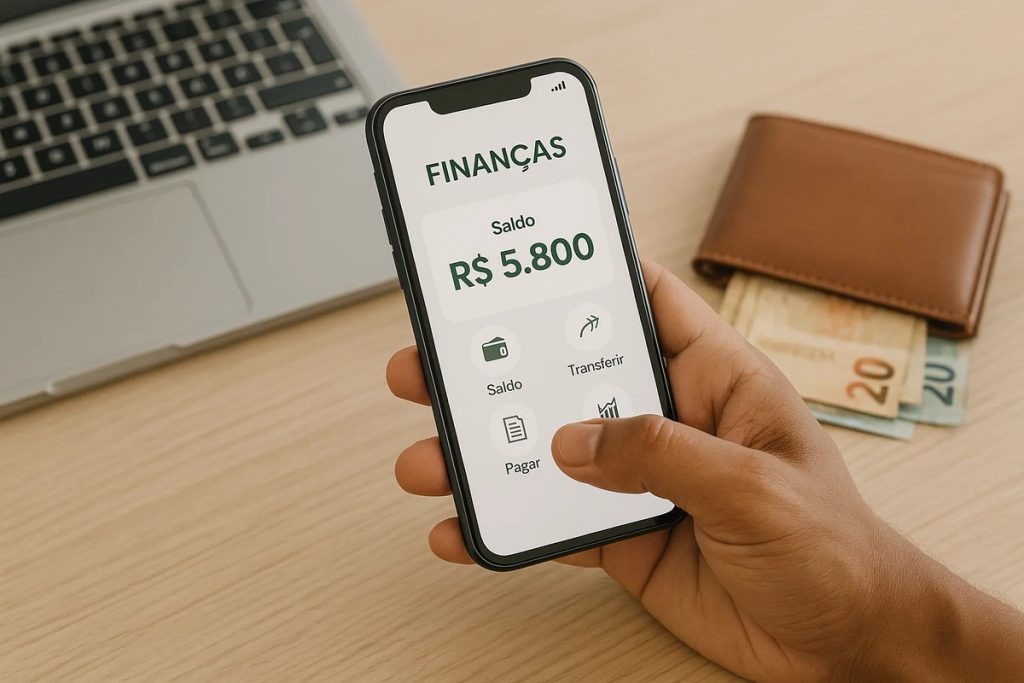 Pessoa segurando um smartphone com a tela aberta em um aplicativo de finanças, exibindo opções como Saldo, Transações e Orçamento. Ao lado, um notebook, cartão bancário preto e uma xícara de café completam o cenário. A imagem representa a organização financeira por meio de tecnologia, enfatizando o controle de orçamento, acompanhamento de gastos e gerenciamento de contas diretamente pelo celular.