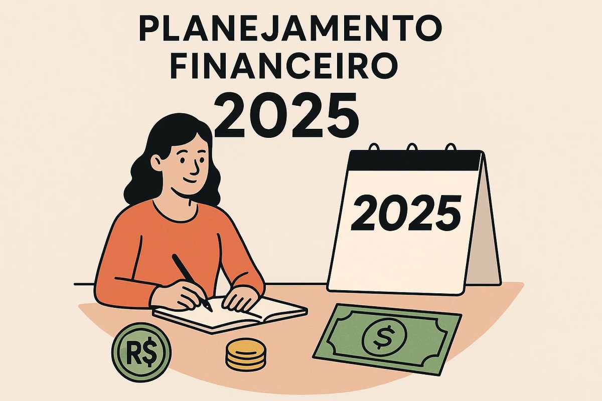 Ilustração de uma mulher escrevendo em um caderno enquanto faz seu planejamento financeiro para o ano de 2025. À direita, há um calendário de mesa exibindo ‘2025’. Ao redor, aparecem ícones de dinheiro, como uma nota verde, uma moeda e pilhas de moedas, simbolizando organização financeira. A cena reforça a ideia de preparação antecipada, definição de metas e controle financeiro para um ano mais equilibrado.