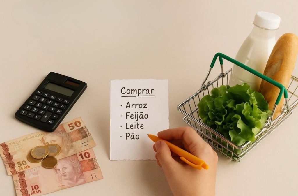 Imagem mostrando uma lista de compras escrita em um papel com itens essenciais do dia a dia: arroz, feijão, leite e pão. À esquerda, há cédulas de 10 e 50 reais com algumas moedas por cima, além de uma calculadora simples, simbolizando controle financeiro. À direita, um pequeno carrinho de supermercado contém uma garrafa de leite, um pão francês e folhas de alface. Uma mão segurando uma caneta amarela escreve na lista, transmitindo a ideia de planejamento e economia nas compras cotidianas.