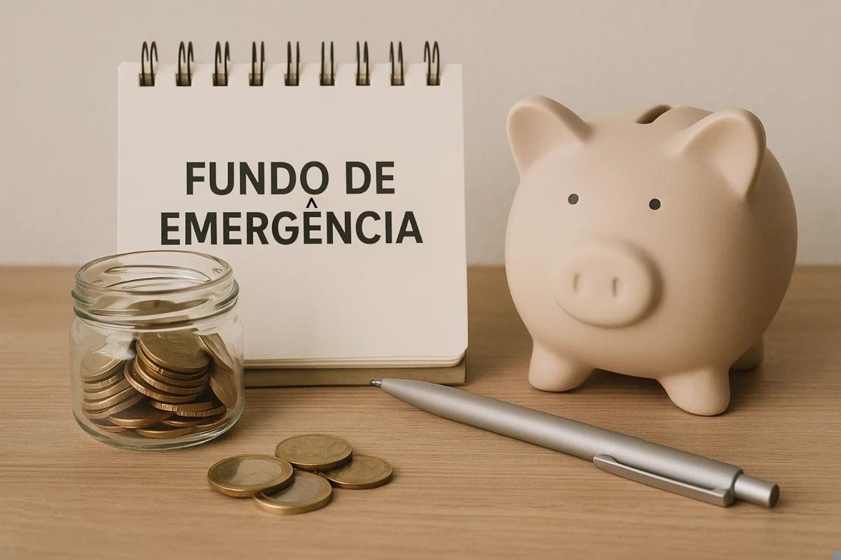 Fotografia de um cofre em formato de porquinho ao lado de um pequeno frasco de vidro cheio de moedas. Atrás deles, há um bloco de notas em pé com a frase ‘Fundo de Emergência’. Sobre a mesa de madeira também estão espalhadas algumas moedas e uma caneta metálica. A cena transmite a ideia de organização financeira e importância de manter uma reserva para imprevistos.