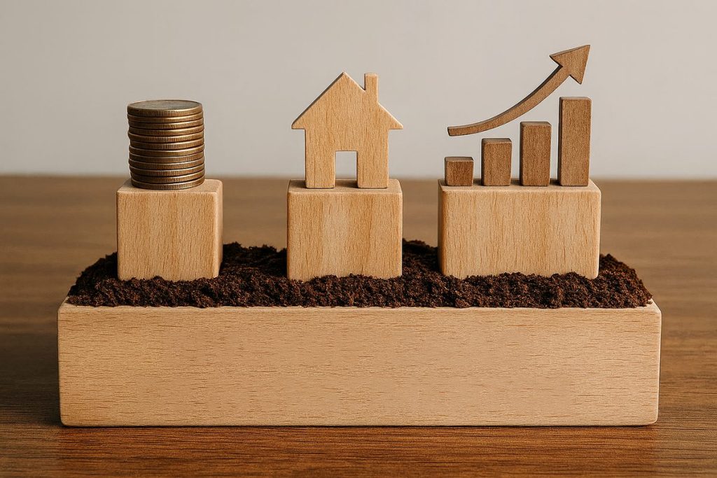 Imagem mostrando três blocos de madeira posicionados sobre uma base retangular também de madeira, preenchida com terra na superfície. Sobre o bloco esquerdo há uma pilha de moedas douradas empilhadas verticalmente. No bloco do centro há uma pequena figura de madeira em formato de casa. No bloco da direita há um gráfico de barras ascendentes, também em madeira, acompanhado de uma seta curva apontando para cima, simbolizando crescimento financeiro. O cenário possui fundo neutro e mesa de madeira.