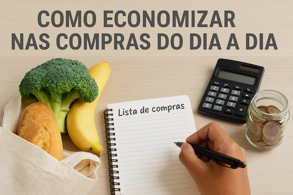 Imagem ilustrando a montagem de uma lista de compras para economizar no dia a dia. No centro, uma mão escreve em um caderno com o título ‘Lista de compras’. À esquerda, uma sacola de pano com itens como pão, bananas e brócolis. À direita, há uma calculadora e um pote de vidro com moedas. A composição transmite a ideia de planejamento financeiro e escolhas conscientes no supermercado.