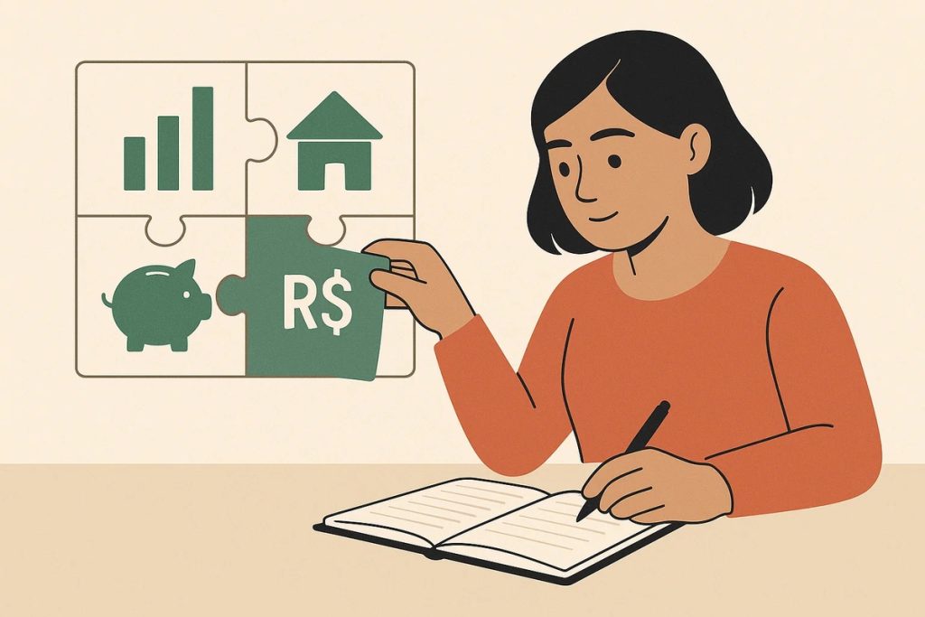 Ilustração de uma mulher sentada à mesa, escrevendo em um caderno enquanto segura uma peça de quebra-cabeça verde com o símbolo ‘R$’. Na parede aparece um quebra-cabeça completo com quatro peças: gráfico de barras, casa, porquinho-cofre e símbolo de dinheiro. A imagem representa planejamento financeiro e organização do orçamento. O estilo é simples, com paleta suave em tons de verde e laranja.