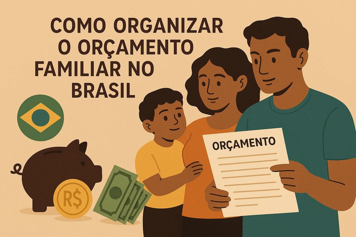 Ilustração de uma família brasileira planejando o orçamento doméstico. À direita, um homem com camisa verde segura uma folha escrita ‘Orçamento’, enquanto uma mulher e uma criança observam ao seu lado com expressão de interesse. À esquerda, aparecem ícones financeiros: um cofrinho marrom em forma de porco, uma moeda grande com o símbolo ‘R$’, três cédulas de dinheiro e o símbolo da bandeira do Brasil. No topo, lê-se o título ‘Como organizar o orçamento familiar no Brasil’. A paleta de cores é terrosa e suave, com estilo flat e traços simples