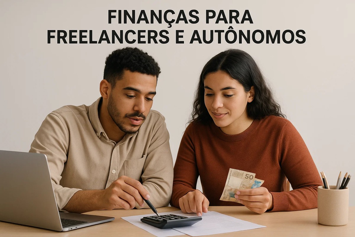 Dois trabalhadores autônomos sentados à mesa revisam finanças juntos. O homem à esquerda usa um laptop e aponta para uma calculadora com uma caneta, enquanto a mulher à direita segura notas de 50 reais e observa os cálculos. Sobre a mesa há papéis financeiros e lápis em um porta-canetas. Ao fundo, o texto ‘Finanças para freelancers e autônomos’ reforça o tema de organização financeira para quem trabalha por conta própria.