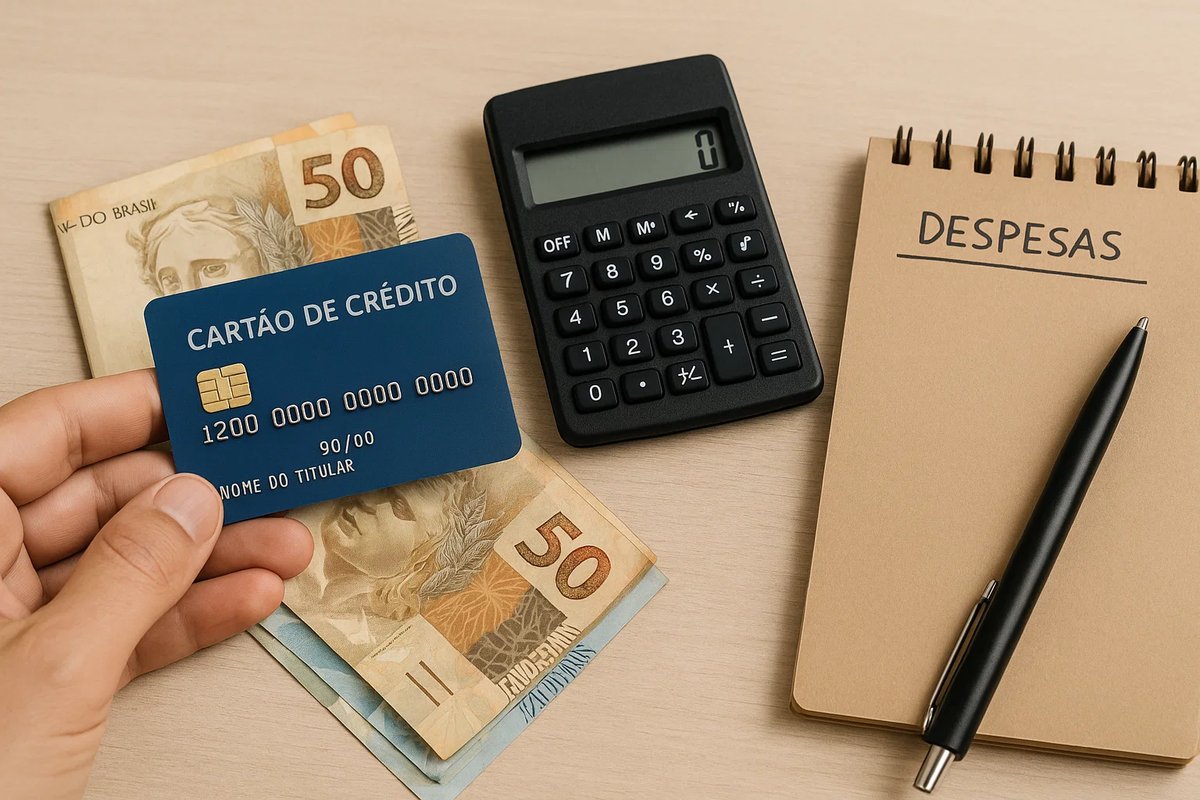 Fotografia de uma mão segurando um cartão de crédito azul sobre uma mesa clara. Abaixo do cartão, há cédulas de 50 reais. Ao lado, vê-se uma calculadora preta e um bloco de notas com a palavra ‘Despesas’ escrita no topo, acompanhado por uma caneta preta. A cena simboliza o controle de gastos e a importância de registrar despesas para organizar as finanças pessoais.