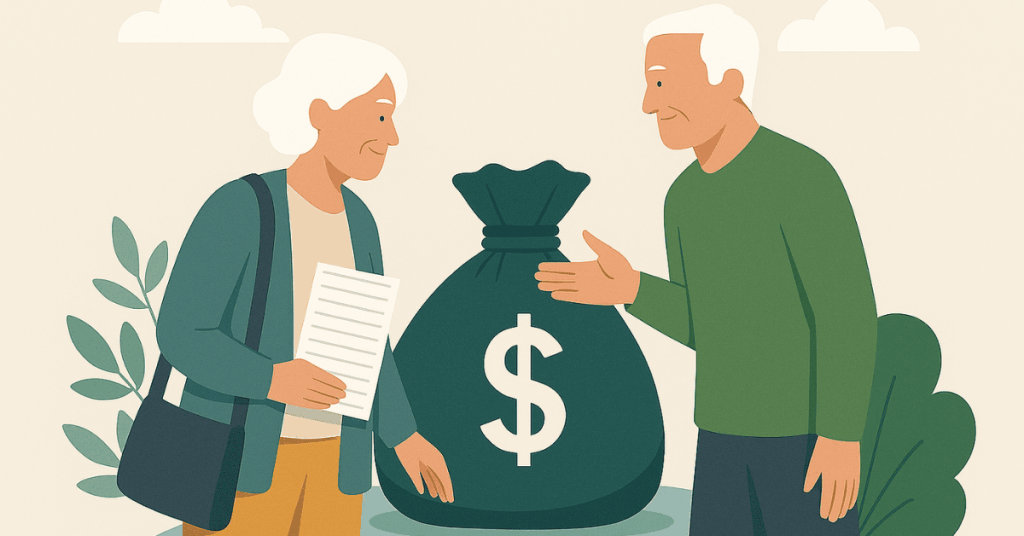 Ilustração de um casal de idosos conversando ao lado de um grande saco de dinheiro, analisando documentos relacionados a um empréstimo.