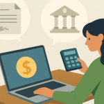 Ilustração de uma mulher calculando valores de um empréstimo no laptop, com ícones de contrato e banco representando a análise financeira.