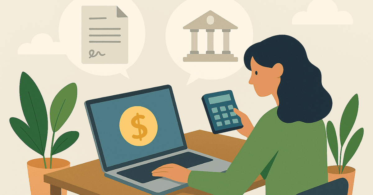 Ilustração de uma mulher calculando valores de um empréstimo no laptop, com ícones de contrato e banco representando a análise financeira.