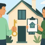 Mulher avaliando casa e custos enquanto homem segura chave, representando negociação e empréstimo para compra de imóvel.