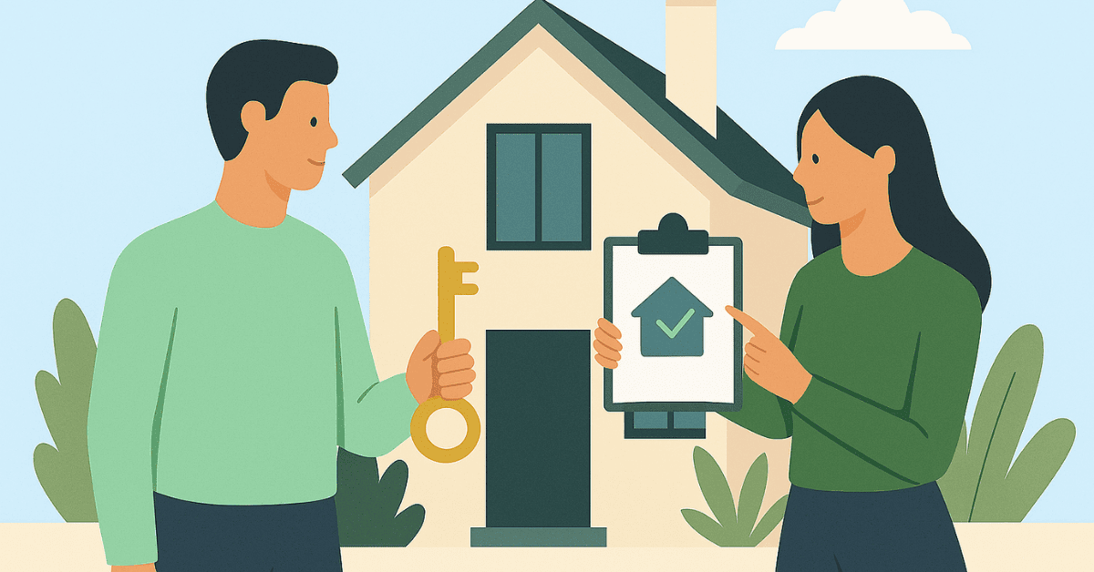 Mulher avaliando casa e custos enquanto homem segura chave, representando negociação e empréstimo para compra de imóvel.