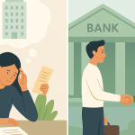Mulher analisando documentos preocupada com empréstimo, enquanto outra cena mostra acordo sendo fechado em frente ao banco.