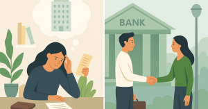 Mulher analisando documentos preocupada com empréstimo, enquanto outra cena mostra acordo sendo fechado em frente ao banco.