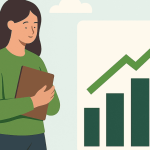 Mulher avaliando documento com seta de crescimento ao fundo, simbolizando bons resultados obtidos após empréstimo responsável.