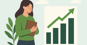 Mulher avaliando documento com seta de crescimento ao fundo, simbolizando bons resultados obtidos após empréstimo responsável.