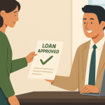 Mulher entregando ao gerente um papel com “empréstimo aprovado” enquanto o funcionário sorri em seu escritório.