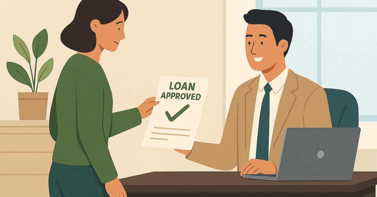 Mulher entregando ao gerente um papel com “empréstimo aprovado” enquanto o funcionário sorri em seu escritório.