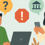 Casal analisando problemas com empréstimo; o homem usa o notebook com expressão confusa enquanto a mulher consulta informações no celular, acompanhados de ícones de alerta e banco.