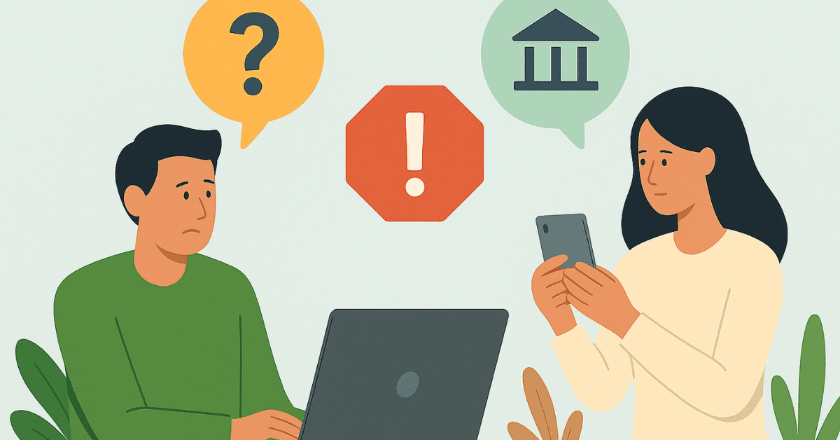 Casal analisando problemas com empréstimo; o homem usa o notebook com expressão confusa enquanto a mulher consulta informações no celular, acompanhados de ícones de alerta e banco.