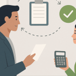 Homem e mulher discutindo detalhes de um empréstimo, segurando documentos e uma calculadora durante a análise das condições.