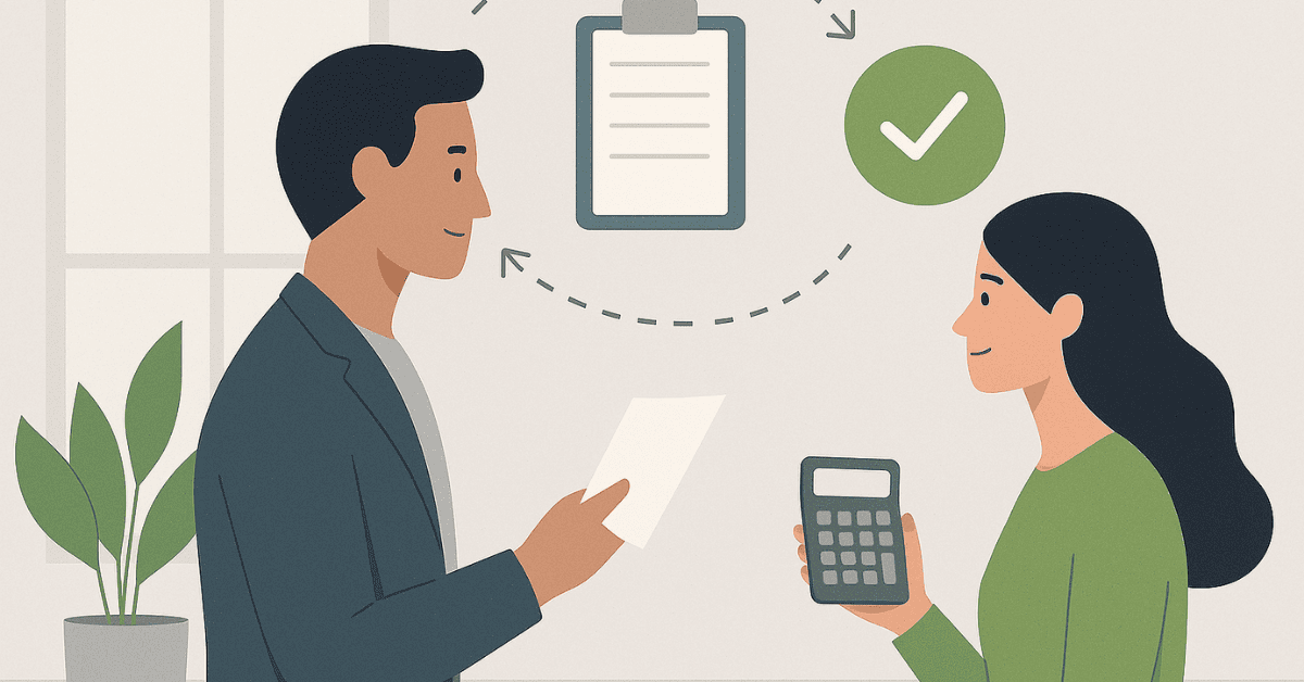 Homem e mulher discutindo detalhes de um empréstimo, segurando documentos e uma calculadora durante a análise das condições.