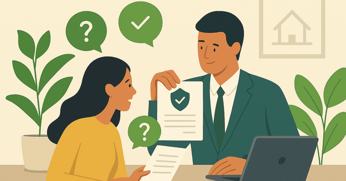 Ilustração de uma mulher conversando com um consultor financeiro enquanto analisam documentos para solicitar um empréstimo imobiliário.