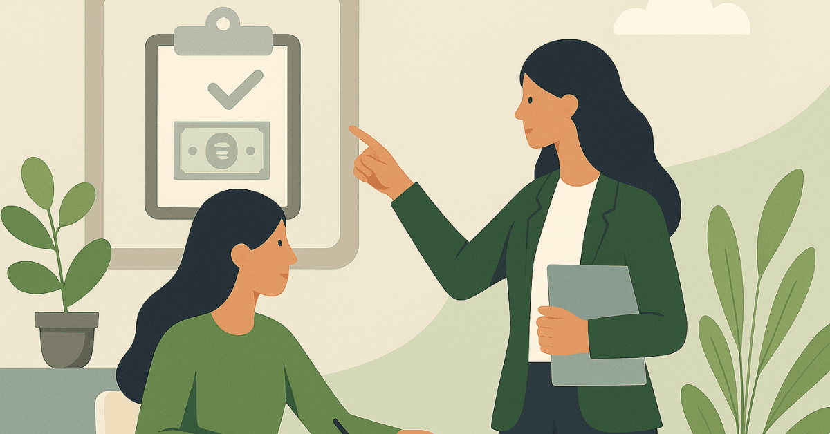 Ilustração de uma consultora explicando detalhes sobre um empréstimo aprovado para uma cliente que está preenchendo documentos.