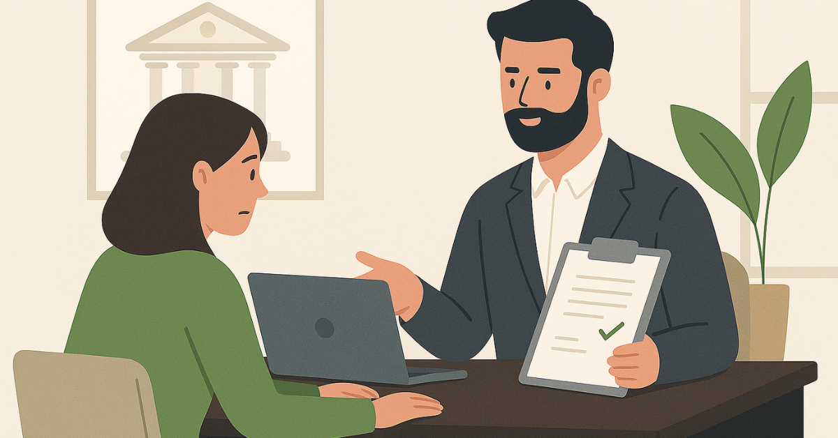 Ilustração de um consultor apresentando a aprovação de um empréstimo para uma cliente que utiliza um laptop durante o atendimento.