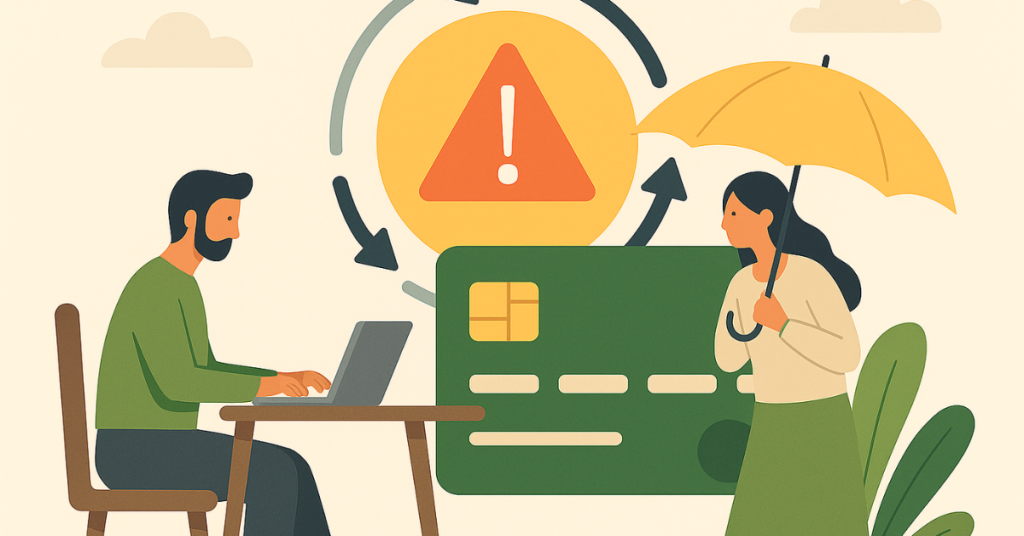 Ilustração de um homem usando o notebook preocupado com riscos financeiros, enquanto uma mulher segura um guarda-chuva ao lado de um cartão, representando proteção contra problemas em um empréstimo.