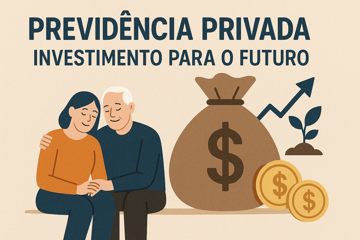 Ilustração em fundo bege com o título “PREVIDÊNCIA PRIVADA — Investimento para o futuro”. À esquerda, um casal idoso ilustrado está sentado abraçado: a mulher usa blusa laranja e o homem veste blusa azul, ambos com expressão tranquila. À direita, há um grande saco de dinheiro marrom com símbolo de cifrão e duas moedas douradas à frente. Uma seta azul ascendente e uma pequena planta ao lado reforçam a ideia de crescimento financeiro. A cena é totalmente ilustrada, sem pessoas reais.