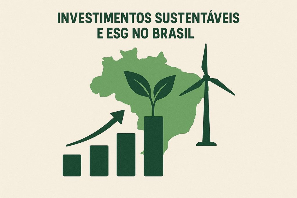 Ilustração em fundo bege mostrando o título “Investimentos Sustentáveis e ESG no Brasil” na parte superior. Abaixo, há o mapa do Brasil em verde claro, com uma planta de duas folhas crescendo sobre uma barra vertical de um gráfico. À esquerda, barras de crescimento acompanham uma seta ascendente. À direita, há uma turbina eólica estilizada em verde escuro. A imagem é totalmente ilustrada e não contém pessoas reais.