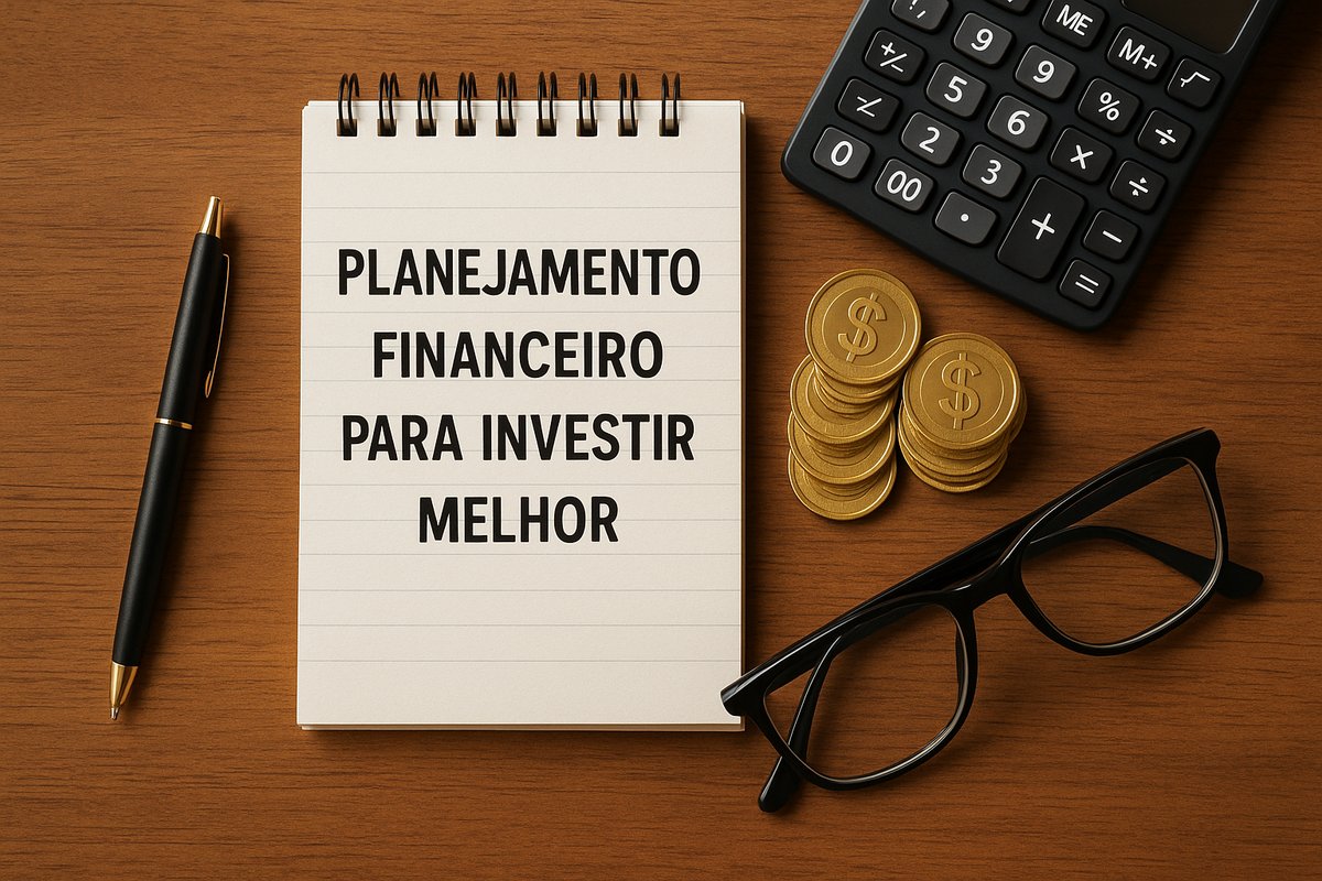 Imagem ilustrativa sobre planejamento financeiro. Há um bloco de notas em espiral aberto sobre uma mesa de madeira, com a frase ‘Planejamento financeiro para investir melhor’. Ao redor, há uma caneta preta com detalhes dourados, algumas moedas douradas empilhadas, uma calculadora preta e um par de óculos de armação preta. A cena representa organização financeira, cálculo e preparação para investimentos.