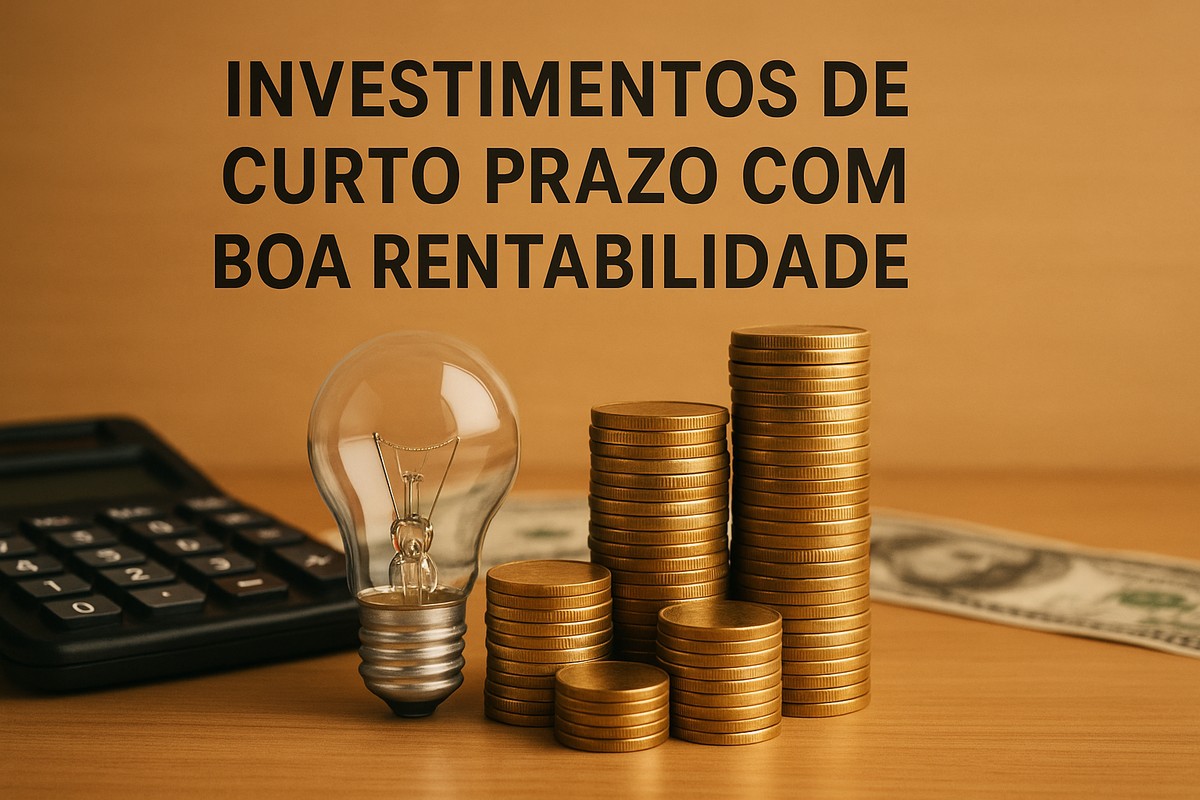 Fotografia de várias pilhas de moedas douradas organizadas em diferentes alturas sobre uma mesa de madeira. À esquerda, há uma calculadora preta parcialmente desfocada e uma lâmpada transparente posicionada em pé, simbolizando ideias ou soluções financeiras. Ao fundo, uma nota de dólar aparece desfocada. Acima dos elementos, o texto ‘Investimentos de curto prazo com boa rentabilidade’ é exibido em letras pretas. A imagem não apresenta pessoas reais.
