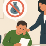 Ilustração de um homem triste ao receber a notícia de empréstimo negado, enquanto uma consultora o conforta e um ícone de proibição aparece acima deles.