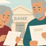 Ilustração de um casal de idosos lendo documentos em frente a um banco enquanto avaliam condições de um empréstimo.