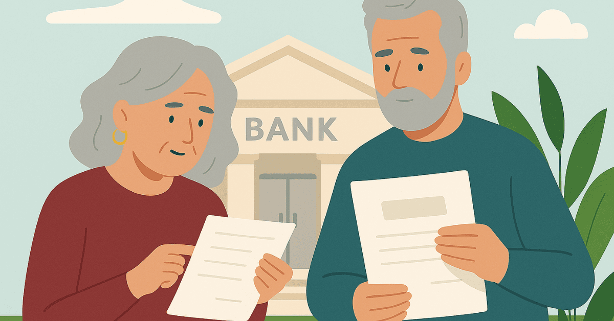 Ilustração de um casal de idosos lendo documentos em frente a um banco enquanto avaliam condições de um empréstimo.