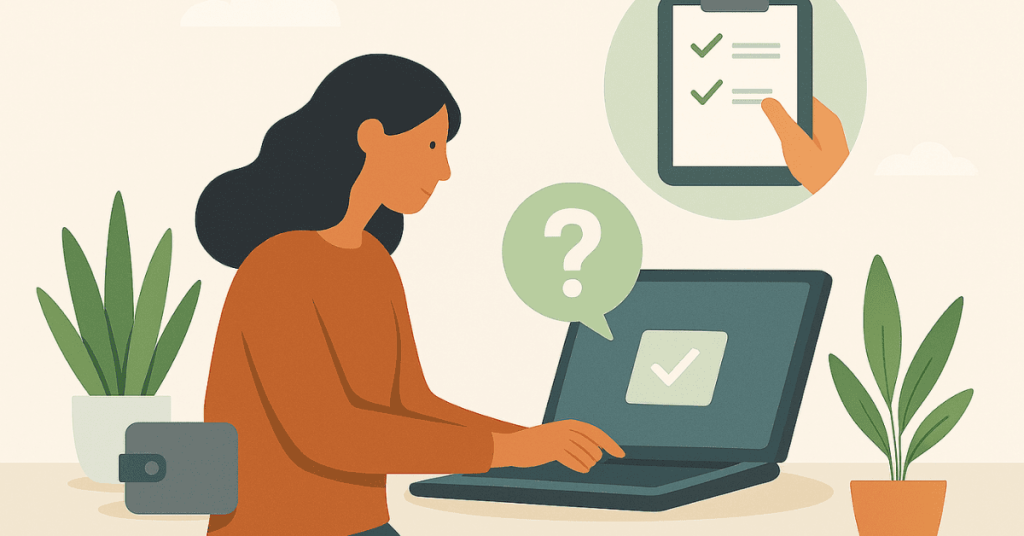 Ilustração de uma mulher usando o laptop para tirar dúvidas sobre empréstimo, com ícones de checklist e ponto de interrogação indicando o processo de aprovação.