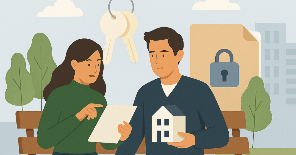 Casal analisando documento relacionado a empréstimo imobiliário, com chaves e ícone de segurança ao fundo.