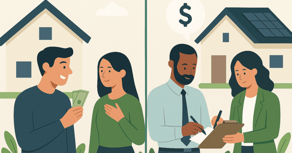 Casal conversando sobre empréstimo habitacional, com consultor preenchendo documentos e símbolo de dinheiro ao fundo.