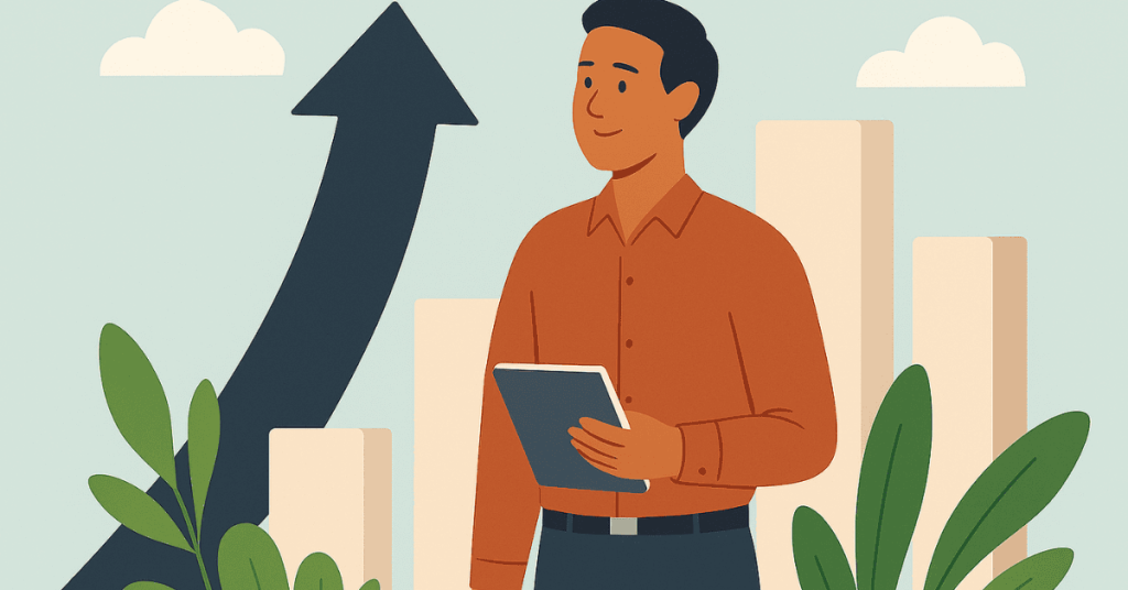 Homem analisando tablet diante de gráfico ascendente, representando crescimento financeiro após empréstimo bem-planejado.