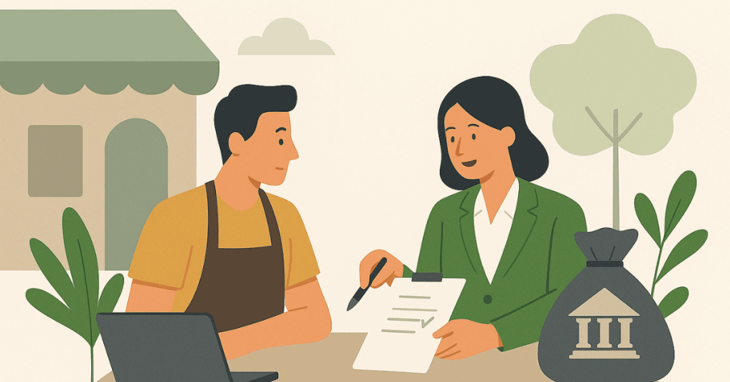 Consultora apresentando condições de empréstimo para um microempreendedor, com um saco de dinheiro e símbolo bancário ao fundo.